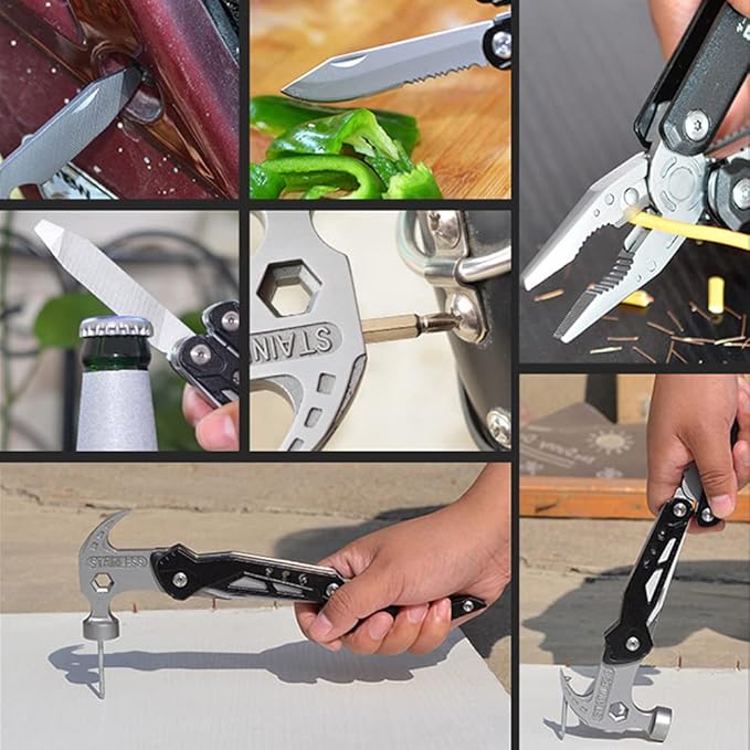 Camping Accessories Multitool Hammer, Mini Multi tool Gadgets with DIY Stickers, Safety Lock & Screwdriver Bits Set, Cool Hiking Survival Gear, Multi Tool for Outdoor, Camping
