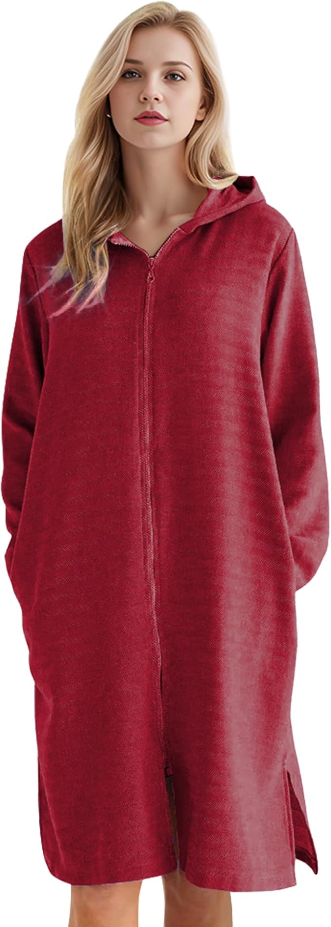 Weecreeture Hooded Towel Poncho with Zipper and Pocket, Surf Poncho for Men and Women, Beach Bath Changing Robe Cover Up Red M