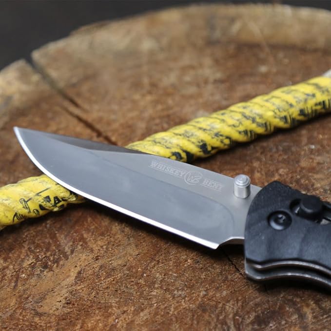 WHISKEY BENT HAT CO. Catch Pin Lock Folding Pocket Knife w/Clip Drop Point Blade Thumbstud Opening 440C Stainless Steel (Raven, 3.75" - Closed Length)