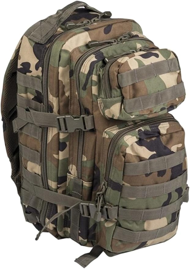 Mil-Tec Unisex Assault Pack - Rugged Durable Lightweight Ergonomic Versatile Tactical Outdoor Camping Hiking Backpack with Adjustable Padded Shoulder Straps & MOLLE Loops, Woodland Camo, 20L