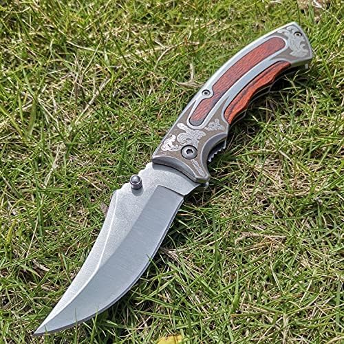 Premium Folding Knife - 7.5cm Blade, Laser Patterned Steel & Wood Handle, 57HRC Hardness, Thumb Stud Open - 19.5cm Full Length