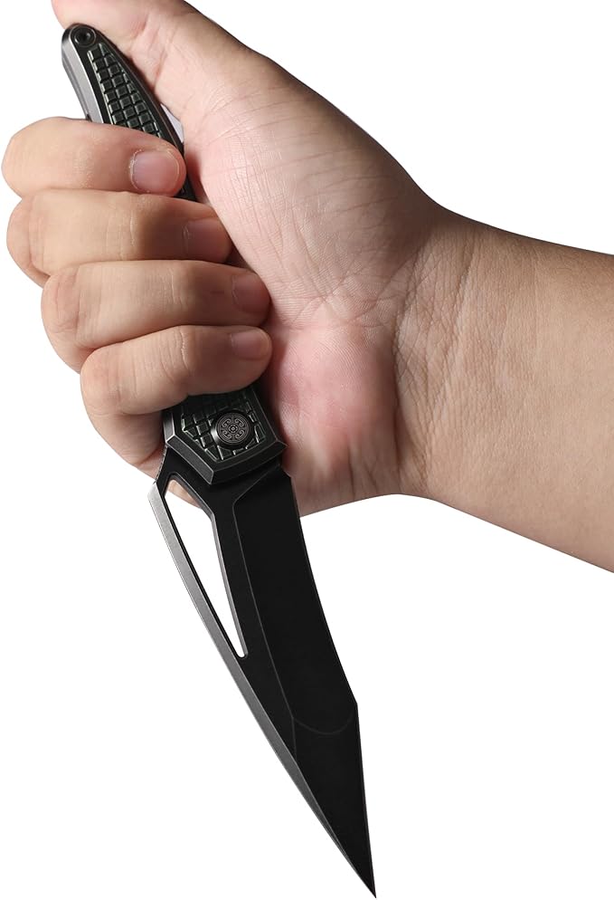 Knife Ripback Thumb Hole Knife,3.85" Stonewashed M390 Blade,4.84" Titanium Scale Handle Frame Lock Folding Knife,Reverse Grip Pikal Knife,4.63oz EDC Knife Pocketclip (Green)