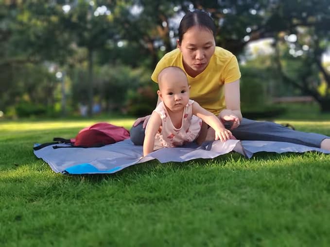 Orga'Neat Outdoor Pocket Blanket, 55”*60” Foldable Compact Lightweight Fast Dry Thin Tarp Mat for Picnic Camping Hiking Backpacking, Water-Resistant, Easily Put in Small Bag -Grey/Blue