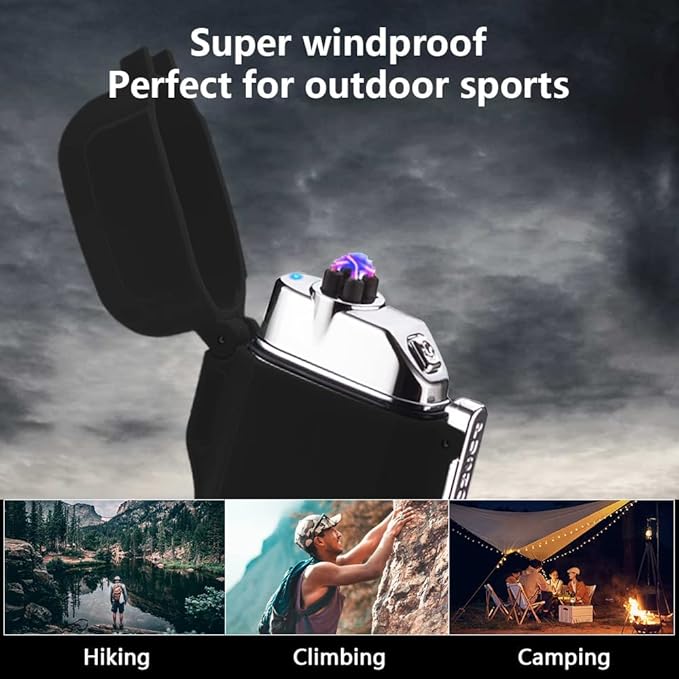 GADATOP Electric Lighter, Outdoor Waterproof Double arc Lighter Windproof Lighter, Rechargeable USB Lighter flameless Plasma Lighter with LED Torch with Lanyard, Suitable for Camping, Hiking (Black)
