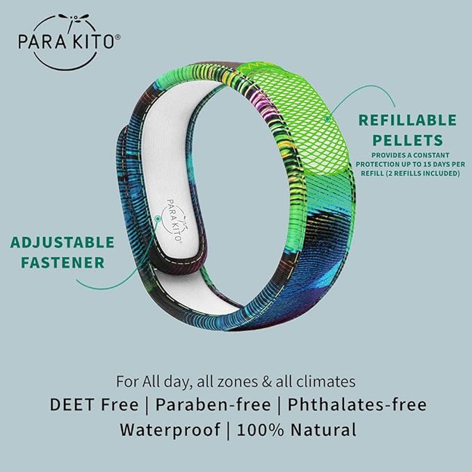 PARA'KITO Mosquito Insect & Bug Protection Wristband - Mosquito Stickers & Bug Spray Alternative - Summer Essentials, Beach Accessories, Hiking & Camping Essentials - Natural Essential Oils (Peacock)