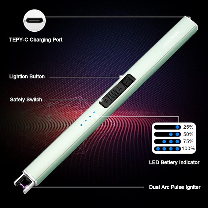 ARECTECH Lighter Electric Lighter Candle Lighter Rechargeable Type-C USB Lighter Plasma Arc Lighters for Candle Camping Kitchen Green