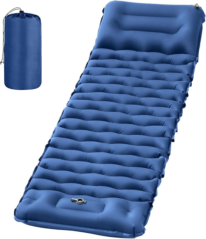 Sleeping Pad for Camping, 50D Inflatable Camping Mat with Pillow Built-in Foot Pump Sleeping Mat Waterproof Compact and Portable Camping Mattress for Backpacking Hiking Traveling Road Trip Tent
