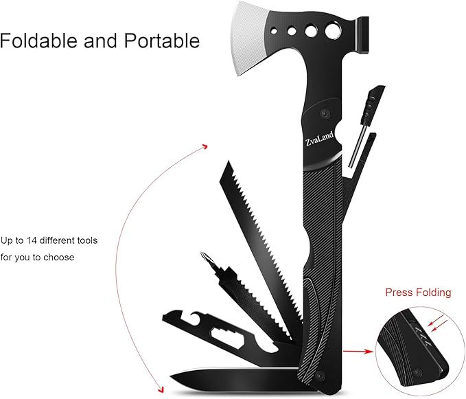 Adventure Multitool Axe Set - 14-in-1 Survival Hatchet for Camping, Hiking, Fishing. Axe, Hammer, Knife, Saw, Opener, Fire Starter, Whistle. Unique and Versatil Gift for Men