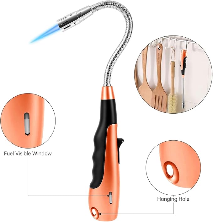 Butane Lighter Torch Long Lighter Jet Flame Windproof Lighter with Visual Fuel Window for Fireplace Kitchen Grill BBQ Camping, Orange (No Butane Included)