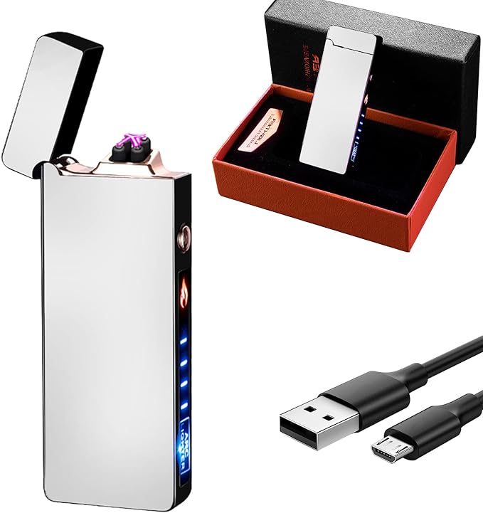 GADATOP Arc Lighter Rechargeable Windproof Flameless Electric Lighters for Outdoors Camping Hiking, Plasma Lighter with LED Battery Indicator and Gift Box (Silver)