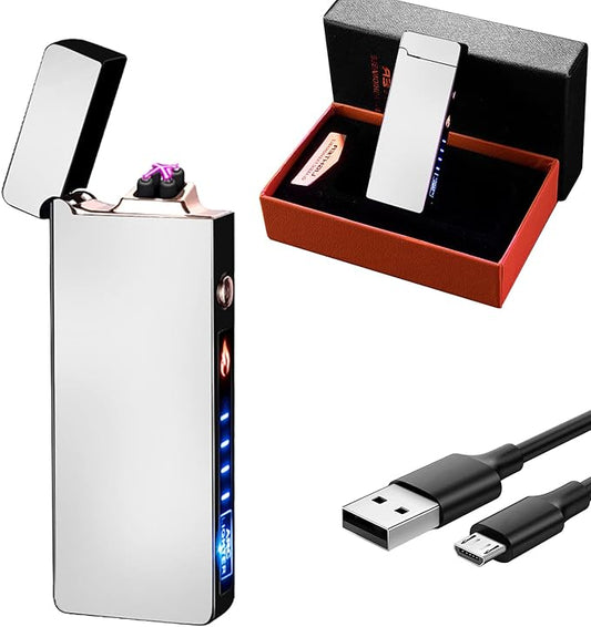 GADATOP Arc Lighter Rechargeable Windproof Flameless Electric Lighters for Outdoors Camping Hiking, Plasma Lighter with LED Battery Indicator and Gift Box (Silver)