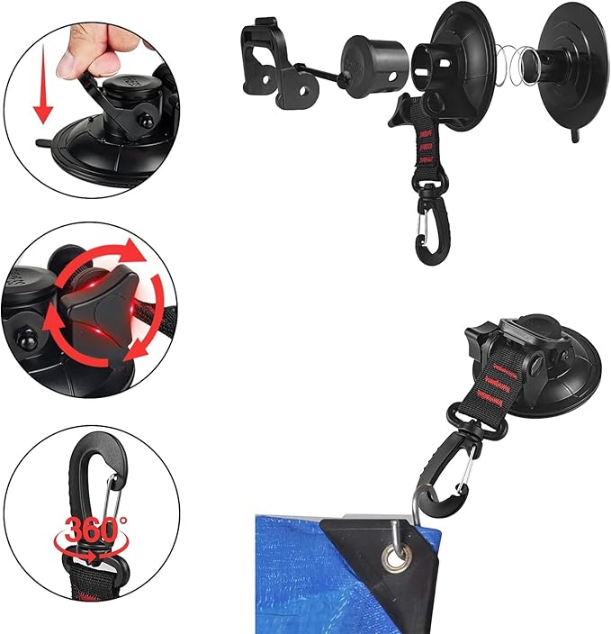 Vashly Heavy Duty Suction Cup 5Pcs Strong Suction Cups with Hooks and 5Pcs Tarp Clips Deavy Duty Lock Grip for Car Awning Boat Camping Trap Tie Down