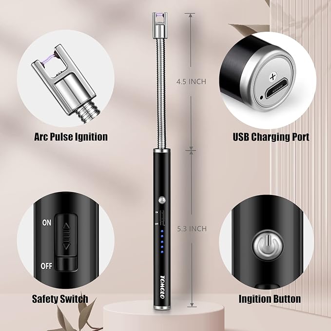 Lighter, Rechargeable Candle Lighter Grill Lighter Electric Arc Lighter with Flexible Neck, LED Battery Display Safety Switch for Candle Camping Cooking BBQs Fireworks (Black)