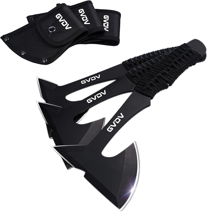 GVDV Throwing Axes Set - 3 Pack Hatchet with Full Tang Stainless Steel and Protective Nylon Sheaths for Camping Recreation and Competition