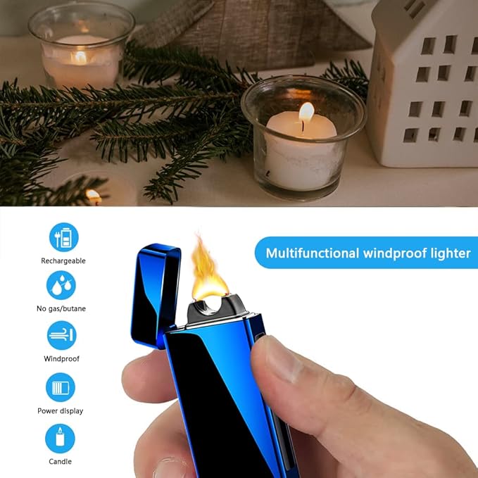 Plasma Lighter Rechargeable Electric Candle Lighter Arc Lighter High Power Flame USB Lighter Windproof Torch Lighter with Gift Box for Holiday, Birthday, Gift for Men and Women (Blue)