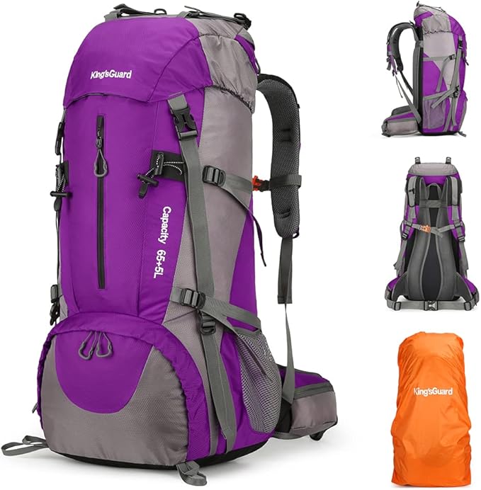 King'sGuard 70L Hiking Backpack Large Lightweight Waterproof Camping Backpack Travel Backpacking Backpack Daypack with Rain Cover -Frameless (Purple)