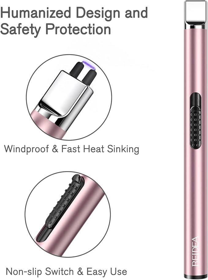 REIDEA Electronic Candle Lighter Arc Windproof Flameless USB Rechargeable Lighter with Safe Button for Home Kitchen (2 Pack Rose Gold)