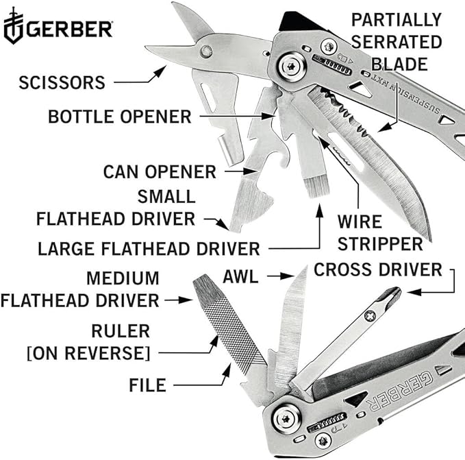 Gerber Multitool Suspension-NXT 15-in-1 EDC Pocket Knife Set with Wire Stripper, Needle Nose Pliers, and Pocket Clip, Gifts for Men, Stainless Steel
