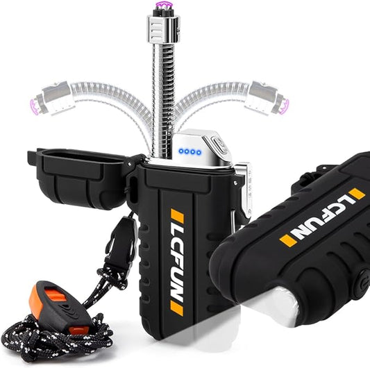 LcFun Electric Dual Arc Lighter USB Rechargeable, Windproof Plasma Lighters with LED Battery Indicator, Waterproof Flashlight Lighter with Whistle Lanyard for Camping, Survival Gear