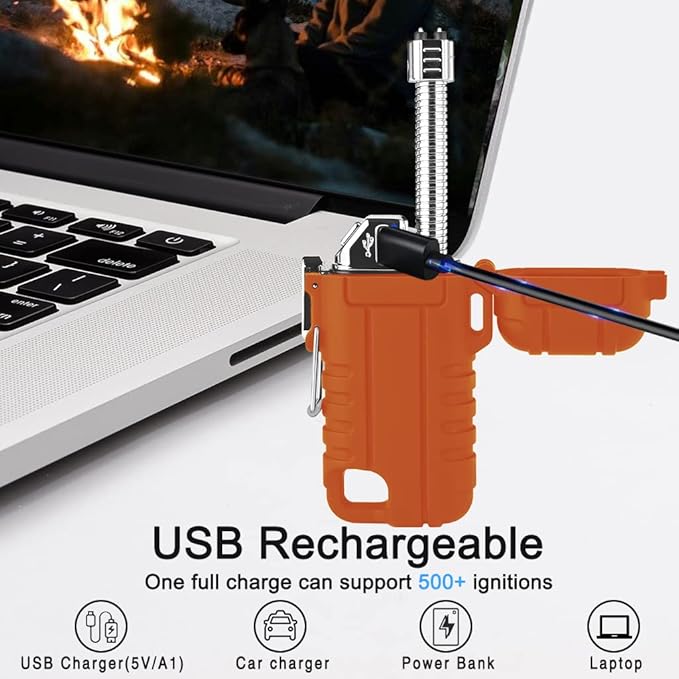 SUPRUS Waterproof Lighter Windproof Lighter Arc Plasma Lighters USB-C Rechargeable with Expandable and Flexible Neck for Outdoor Camping Kitchen (Orange)
