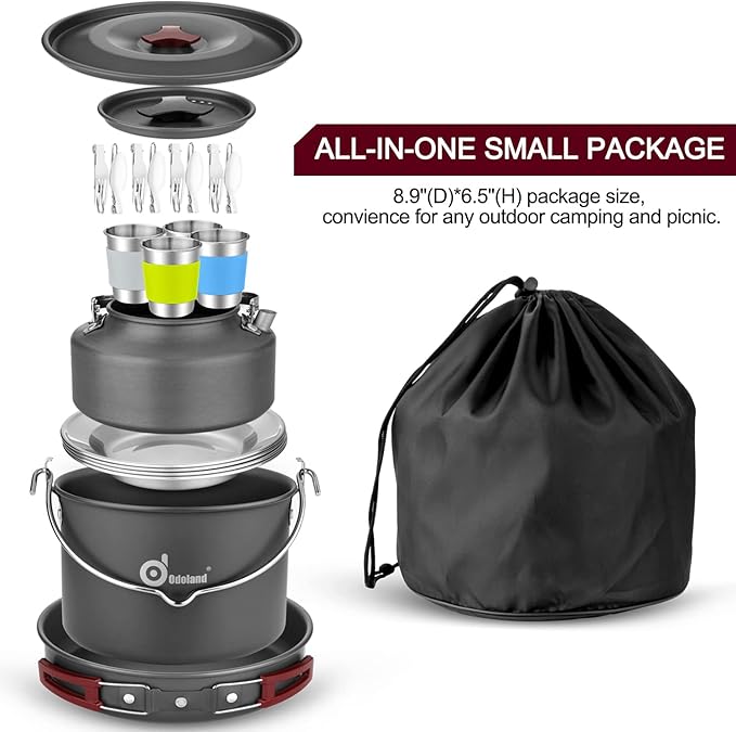 Odoland 22pcs Camping Cookware Mess Kit, Large Size Hanging Pot Pan Kettle with Base Cook Set for 4, Cups Dishes Forks Spoons Kit for Outdoor Camping Hiking Picnic
