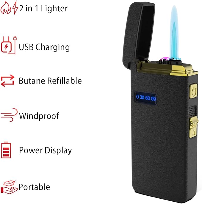USB Lighters Windproof Rechargeable Dual Arc Lighter Inflatable Lighter Refillable Lighter Matte Black Color for Outdoor Camping Hunting Backpacking Hiking Kitchen