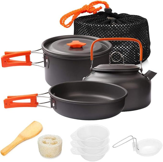 Gutsdoor Camping Cookware Set Camping Gear Campfire Utensils Non-Stick Cooking Equipment Lightweight Stackable Pot Pan Bowls with Storage Bag for Outdoor Hiking