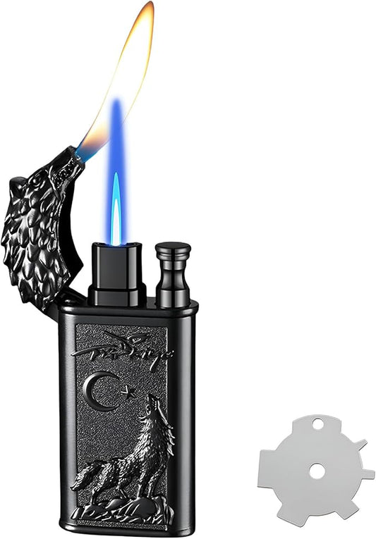 Torch Lighter, Relief Wolf Design Magic Dual Flame Lighter with Adjusting Flame Tool, Creative Windproof Lighter, Cool Jet Flame Butane Lighter, Refillable Butane Lighter for Outdoor Indoor