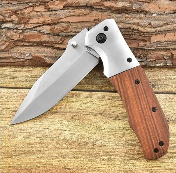 Pocket Folding Knife with 3.5”Stainless Steel blade and wood handle -Folding hunting camping Knife with liner-lock and pocket clip