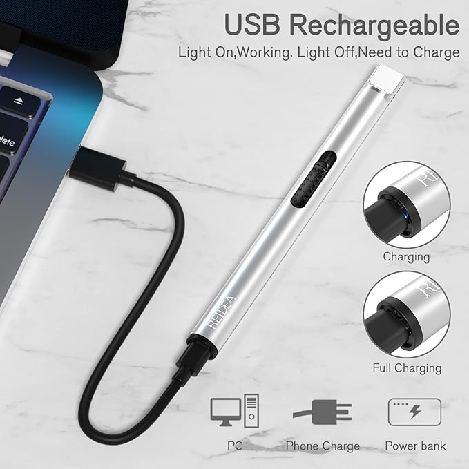 REIDEA Candle Lighter, Electric Arc Lighter with Safe Protector Button, USB Rechargeable Lighter Perfect for Camping Cooking BBQ Fireworks (Silver)
