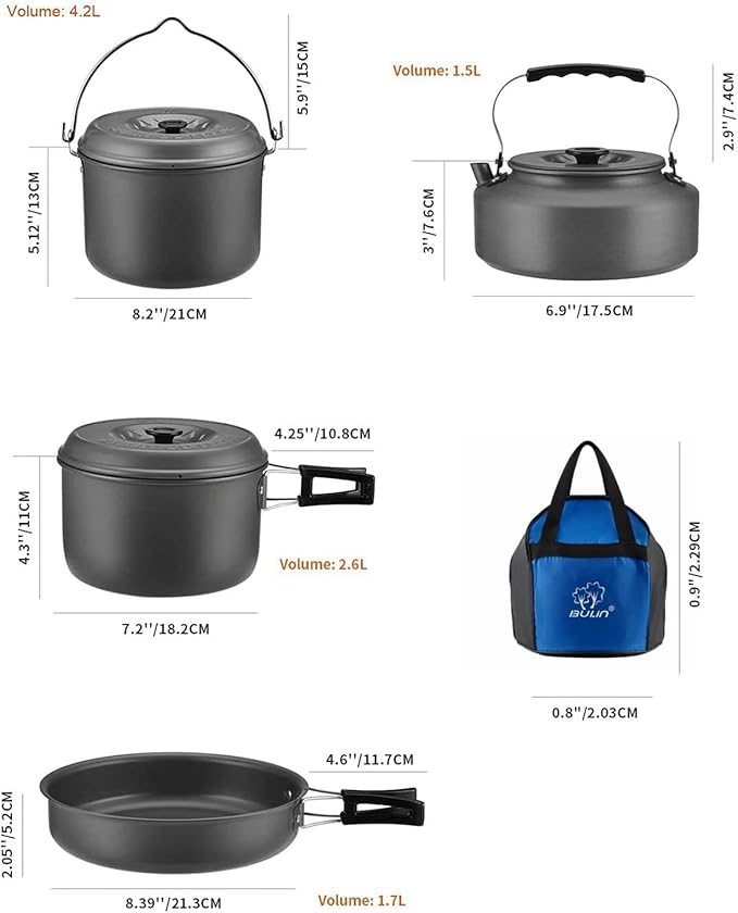 Bulin 24/13/11/8/4 PCS Camping Cookware Mess Kit Lightweight Backpacking Cooking Set Outdoor Cook Gear for Family Hiking, Picnic(Kettle, Pot, Frying Pan, Bowls, Plates, Spoon)