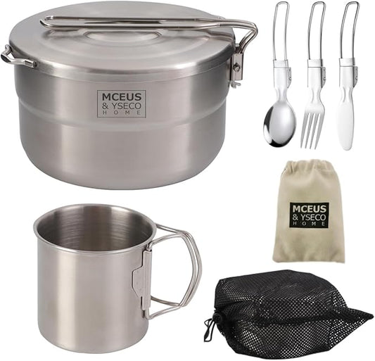 Compact Camping Pot Backpack Mess kit, 18/8 Stainless Steel Camping Pot and Pan Cooking Set, Lightweight Camping Cup, with Folding Camping Silverware Set for Outdoor Camping Hiking Picnic