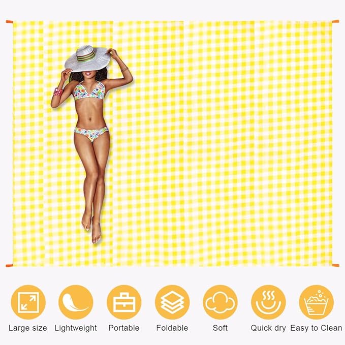 Ainiv Beach Blanket Beach Mat, Sandproof Waterproof Beach Mat, Picnic Blanket, Extra Large 55x79 in (3-5 People) Picnic Blanket with 1 Storage Bag & 4 Fixed Nails for Beach, Camping, Hiking, Picnic