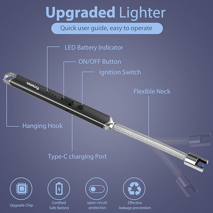 Electronic Candle Lighter Arc Windproof Flameless USB Rechargeable Electric Lighter (1 Pack - Black)