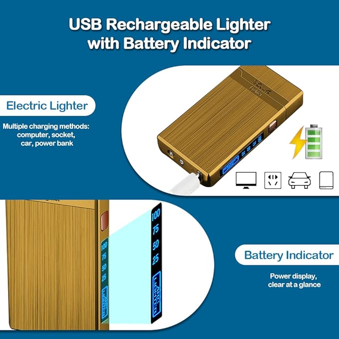 Electric Lighter USB Rechargeable Lighter, Windproof Plasma Dual Arc Lighter, Flameless Cool Lighters with LED Battery Indication for Candles, Incense Stick, Outdoor Camping (Gold)