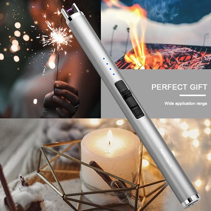 ARECTECH Lighter Rechargeable Lighter Electric Lighter Candle Lighter Arc Plasma Lighters for Candle Kitchen Camping Type-C Silvery