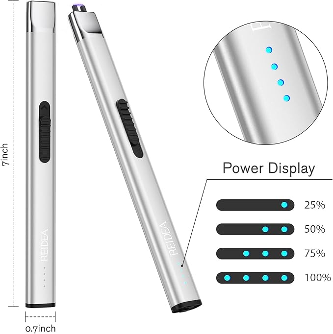 REIDEA Lighters 2 Pack R1 Flat Electronic Candle Lighter, Windproof Flameless USB Rechargeable Arc Lighter with Safe Button and Power Indicator for Candle, BBQ and Fireworks, Silver