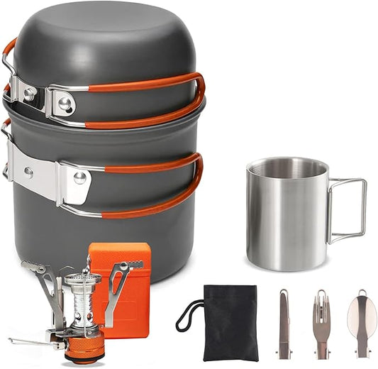Camping Cookware Set Portable Backpacking Stove Kit, Mini Camp Stove with Non-Stick Lightweight Pots Pans and Stainless Steel Fork Knife Spoon for Outdoor Camping Hiking Cooking Gear