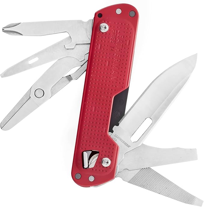LEATHERMAN, Free T4 Multitool and EDC Knife with Magnetic Locking and One Hand Accessible, Built in The USA, Stainless, Crimson