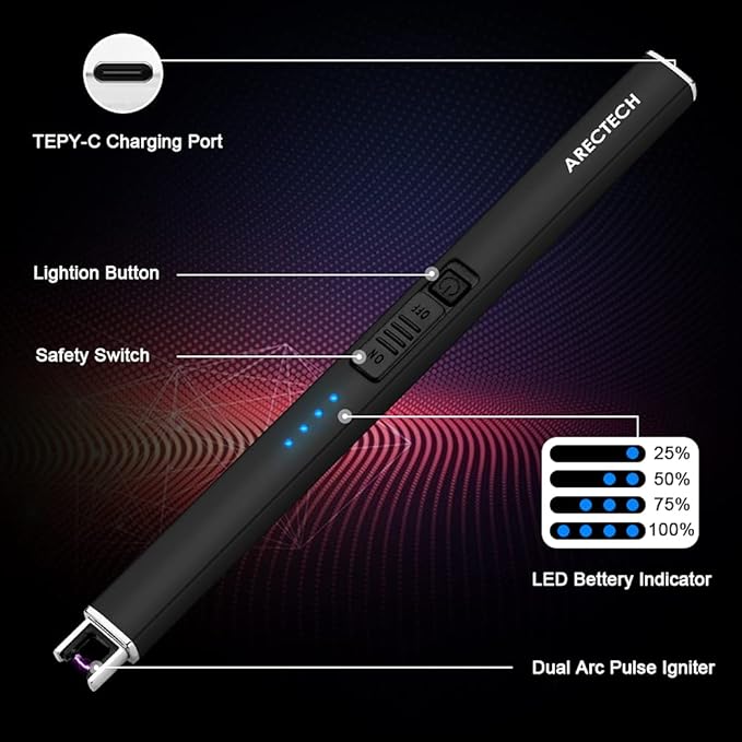ARECTECH Electric Lighter Rechargeable Type-C USB Lighter Plasma Arc Lighters for Candle Camping Kitchen Black