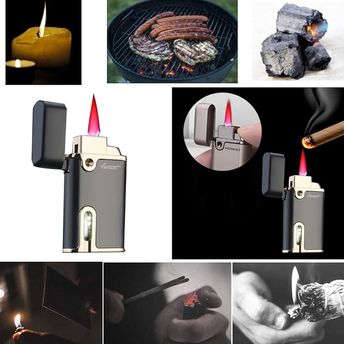 Slim Torch Butane Lighter with Red Flame, Refillable Butane Cigar Lighter, Fuel Visible Window Windproof Lighter for Grill BBQ Camping (Butane NOT Included) (Black)