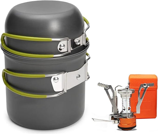 Camping Cookware Set Portable Backpacking Stove Kit, Mini Camp Stove with Non-Stick Lightweight Pots Pans and Stainless Steel Fork Knife Spoon for Outdoor Camping Hiking Cooking Gear