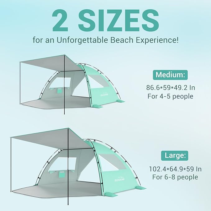 Elegear Beach Tent Sun Shelter with Canopy, 6-8 Person Pop Up Beach Tent, Easy Setup UPF 50+ UV Protection Portable Lightweight Double Silver Coating Beach Cabana Sun Shade Shelter - Green