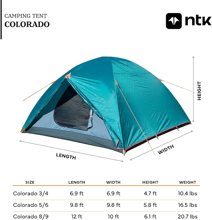 NTK Colorado GT 2/4/6/8 Person Outdoor Dome Family Camping Tent 100% Waterproof, Easy Assembly, Durable Fabric Full Coverage Rainfly - Micro Mosquito Mesh