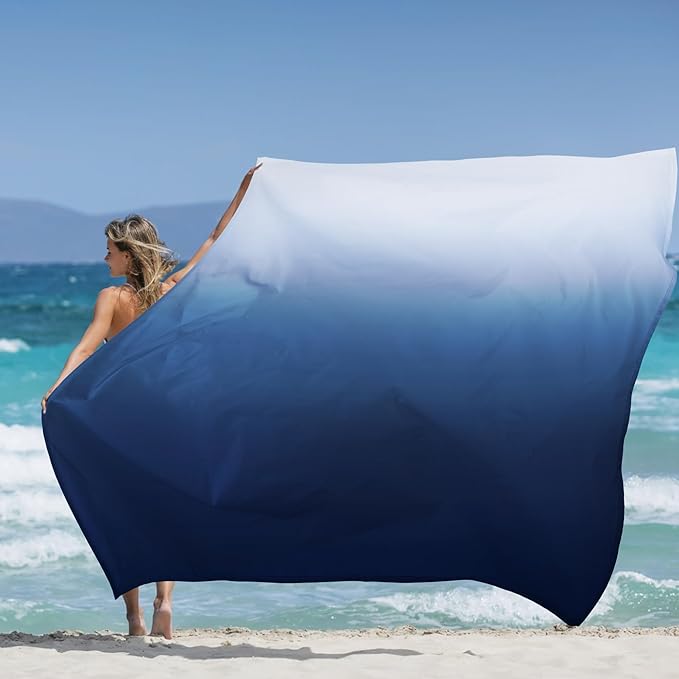 Waterproof Sandproof Beach Blanket, Blue-White Gradient Beach Mat Oversized for 2-4 Person, Compact Sand Free Quick Dry Polyester Outdoor Picnic Blanket for Travel, Camping, Hiking