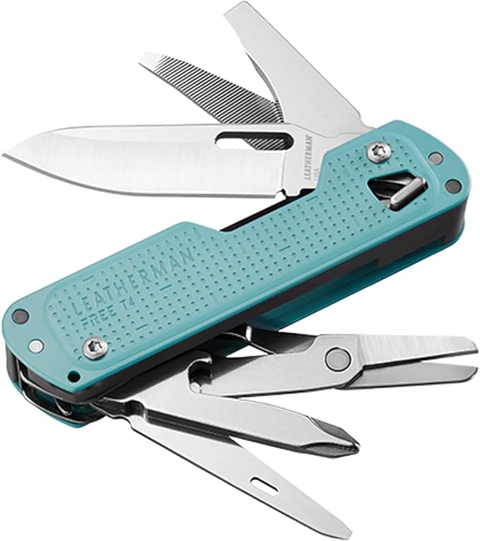 LEATHERMAN, FREE T4 Multitool and EDC Knife with Magnetic Locking and One Hand Accessible, Made in The USA, Stainless, Arctic