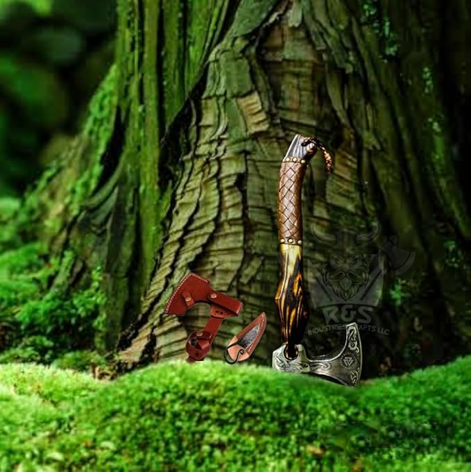 R&S Industries Custom Gift Forged Carbon Steel Viking Axe with Rose Wood Shaft, Viking Bearded Camping Axe, Best Birthday for Him