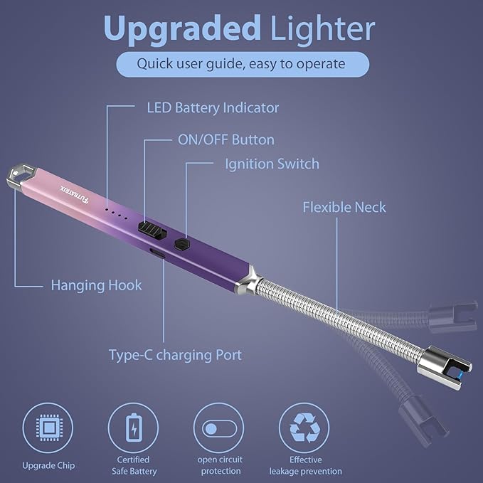 Electronic Candle Lighter Arc Windproof Flameless USB Rechargeable Electric Lighter (1 Pack - Pink/Purple Gradient)