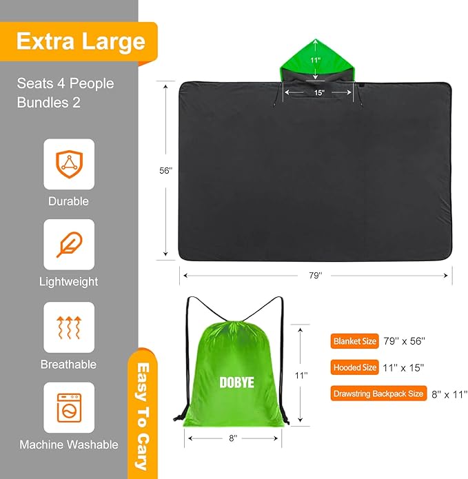 DOBYE Hooded Stadium Blanket, Large Waterproof Outdoor Fleece Blanket, Windproof Wearable Portable Warm Mat for Camping