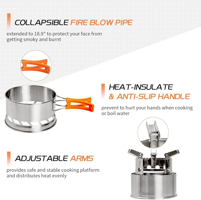CANWAY Camping Stove, Portable Stainless Steel Wood Burning Survival Stove with Nylon Carry Bag for Outdoor Backpacking Hiking Traveling Picnic BBQ